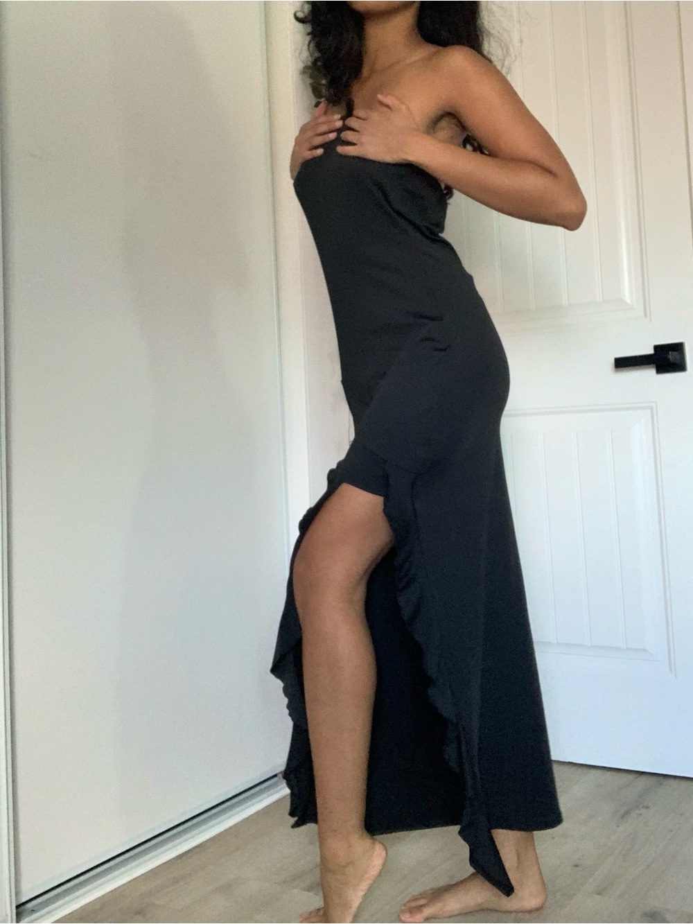 Black Ruffle Side-Slit Slip Dress - Picture 5 of 6